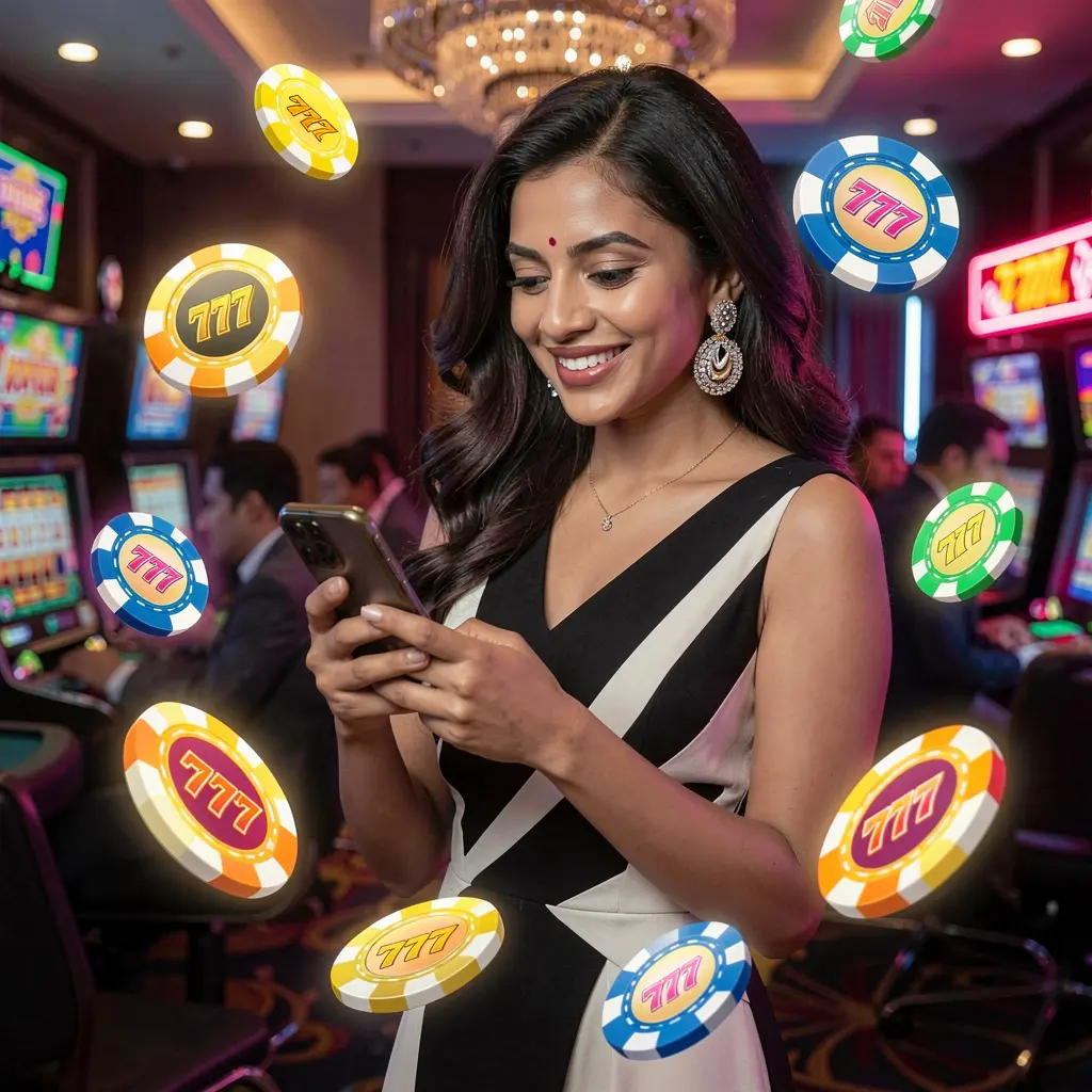 Stylish Bangladeshi woman enjoying the BK666 COM casino app on her phone with glowing chips and 777 slot symbols floating around her