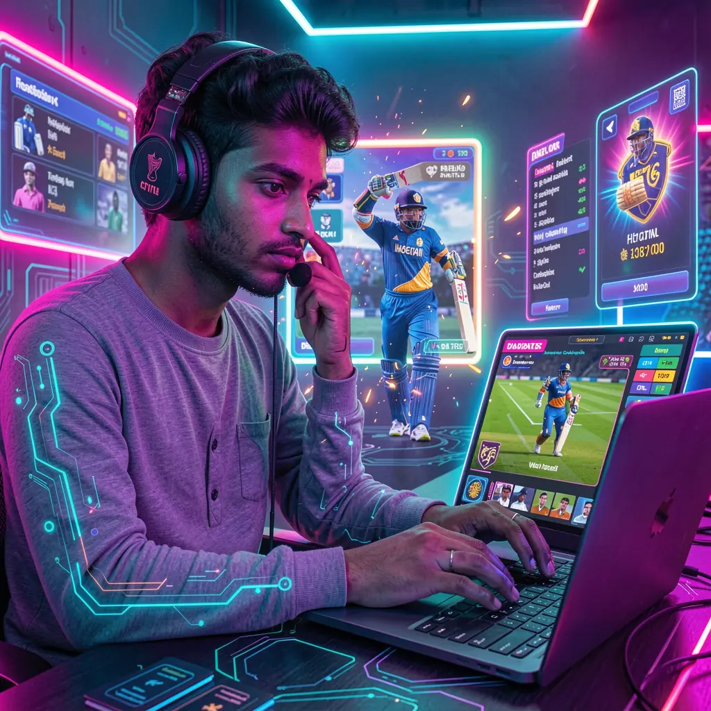 Focused Bangladeshi player using a laptop with an advanced sports betting interface and live match visuals while enjoying cyber betting on BK666 COM
