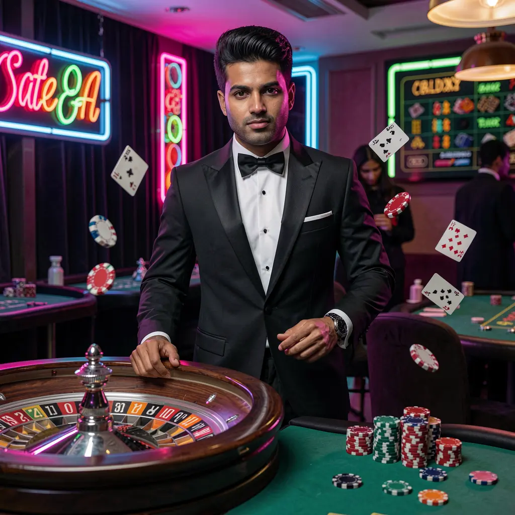 Stylish casino dealer in a tuxedo standing by a roulette table with glowing lights and spinning chips representing the premium gaming atmosphere of BK666 COM in Bangladesh