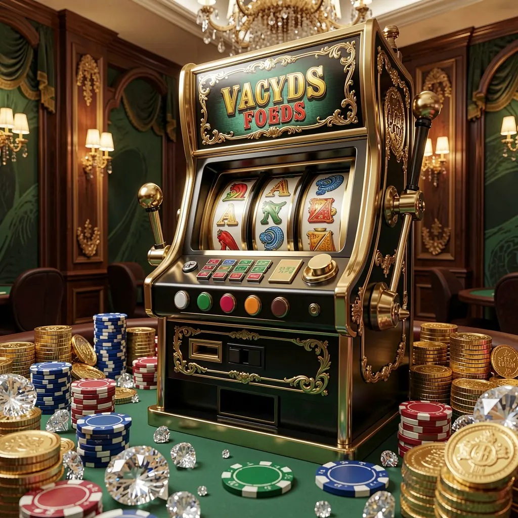 Classic casino slot machine with red and gold details and fruit symbols surrounded by poker chips and coins representing the premium online casino experience at BK666 COM in Bangladesh